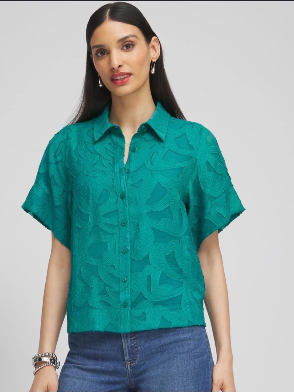 Chico's Teal Green Cutout Button-Down Shirt